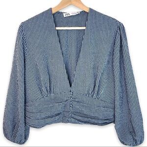 Zara Gingham V Neck Pleated Top